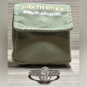 Designer Signed Judith Ripka Sterling Silver Oval Cubic Zirconia Halo Ring